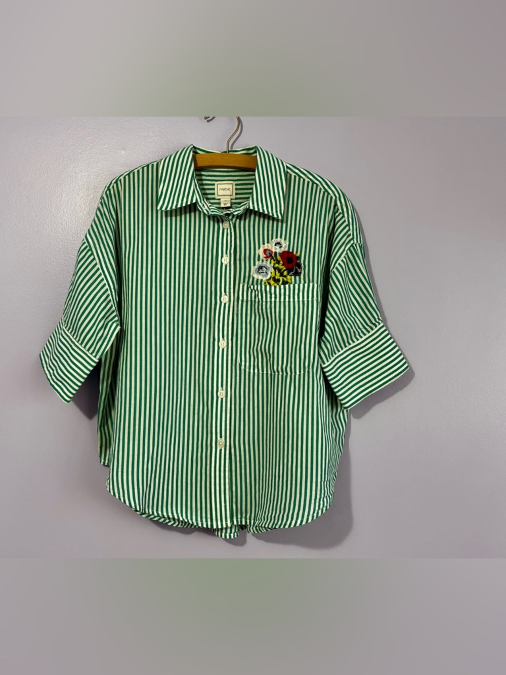 NWT Anthropologie Maeve Mabel Boxy Oxford Green Stripe Embroidered Button SZ XS - Picture 6 of 12